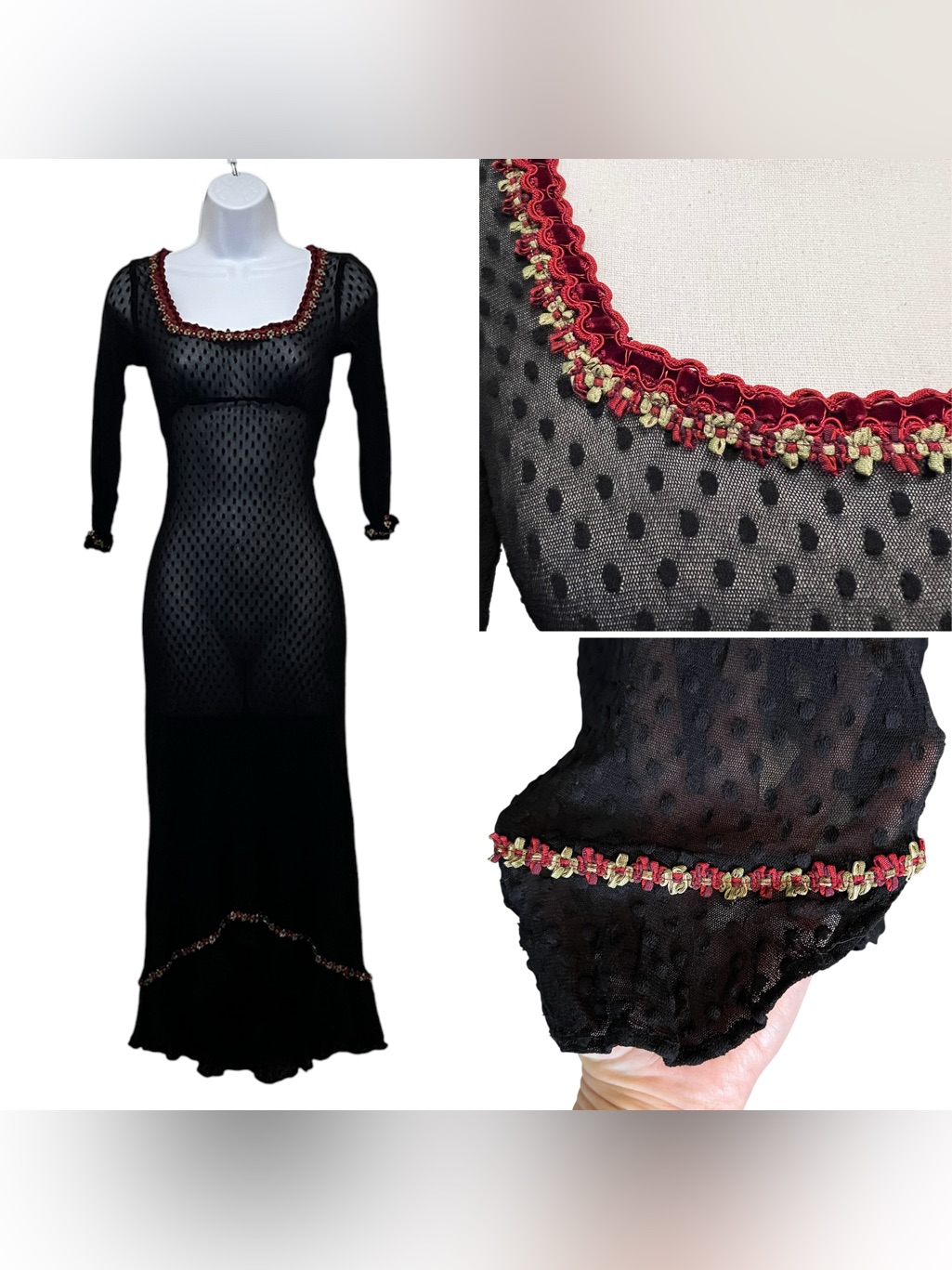 Vintage Betsey Johnson New York Sheer Swiss Dot Mesh Velvet Ribbon Floral Dress